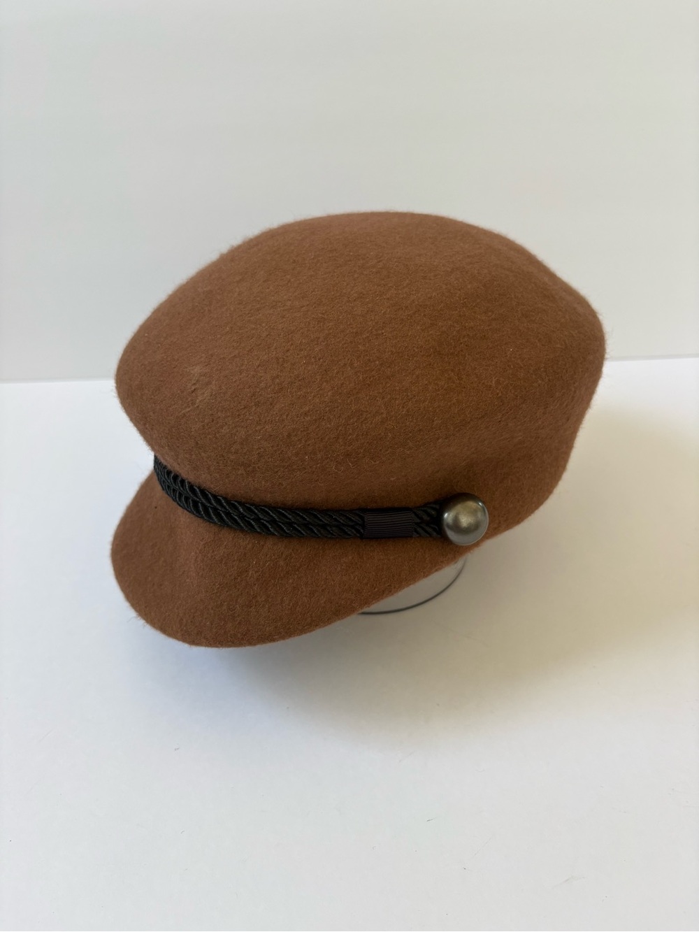 Camel Brown Wool Fiddler Cap Black Braided Trim Newsboy Cloche Hat Adjustable